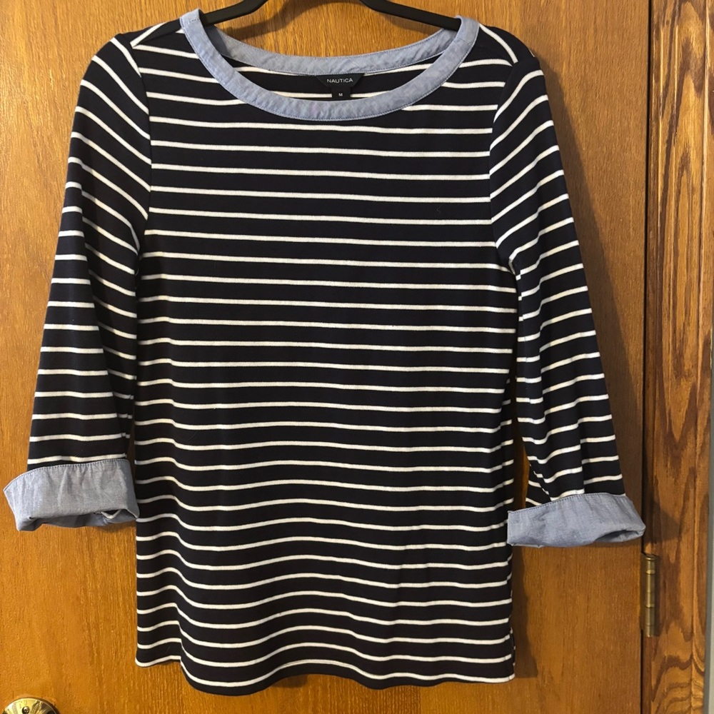 Nautica Women's Striped Cotton Knit Top Size M Chambray Trim Navy Blue/White